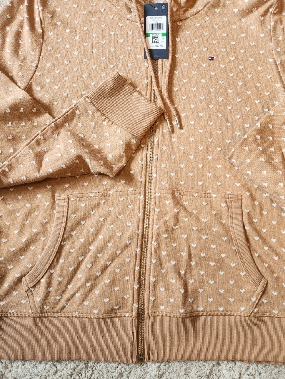 Tommy Hilfiger 100% Cotton Zip-up Tan Hoodie with Tiny White Heart Print - Picture 9 of 16